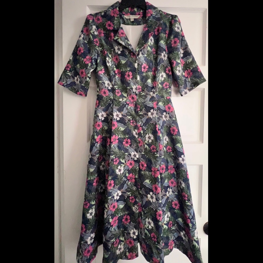 Floral A-Line Midi Dress with Collar - Pink Green